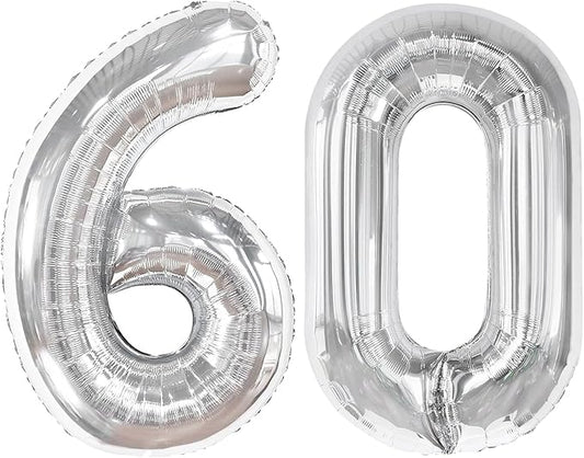 Silver Number 60 Balloon 40 Inch, 60th Birthday Party Decorations for Children, Giant 60 Foil Balloon for Party Supplies