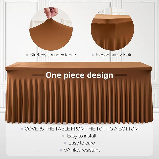1 Pack Brown Table Clothes for 4 Foot Rectangle Tables, One-Piece Wrinkle Resistant Stretch Spandex Table Covers with Skirt for Event Banquet Wedding Birthday Party