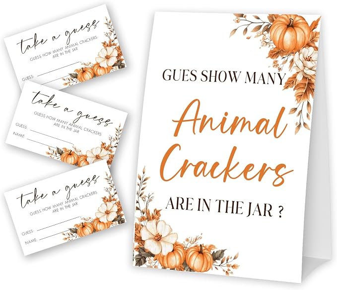 Autumn Pumpkin Guess How Many Animal Crackers - Thanksgiving Baby Shower Card Set (1 Sign With 50 Guess Cards), Fall Gender Reveal Party Favor Supplies -A05