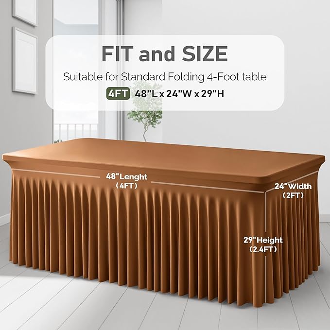 1 Pack Brown Table Clothes for 4 Foot Rectangle Tables, One-Piece Wrinkle Resistant Stretch Spandex Table Covers with Skirt for Event Banquet Wedding Birthday Party