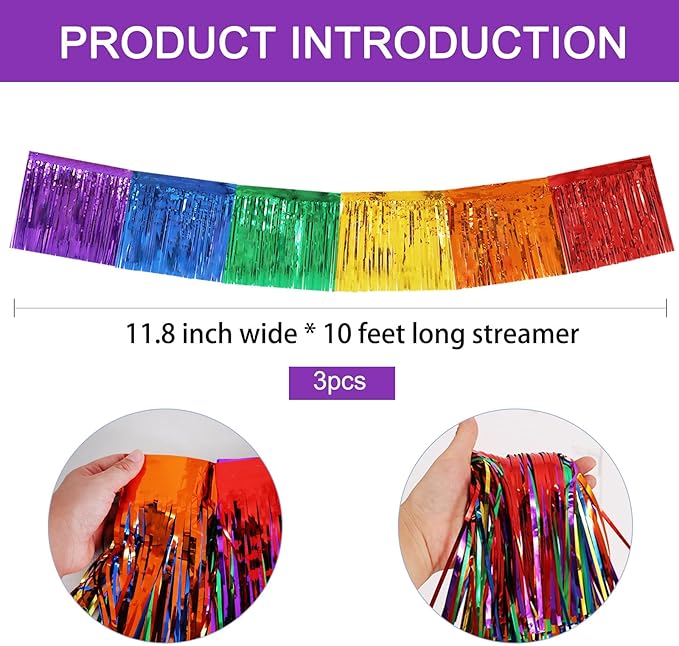 BEISHIDA 3 Packs Metallic Foil Fringe Garland Colorful Wall Hanging Tinsel Fringe Banners for Car Floats Bridal Shower Wedding Birthday Easter Graduation Holiday Party Decoration(30 Feet)