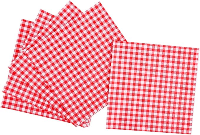 Gatherfun Gingham Red and White Party Supplies Disposable Paper Plates Napkins Cups Knives Spoons Forks Tablecloth Banner for Birthday Party Family Dinner Picnic Barbecue Mother's Day Party, Serve 25
