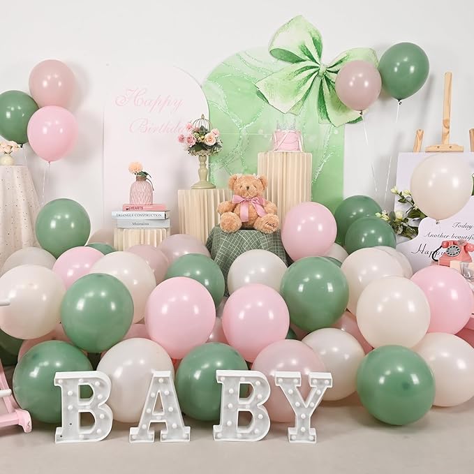 Sage Green Pink Balloons, 60 Pcs 12 Inch Retro Dusty Pink Olive Green Balloons, Blush Sand White Balloon for Girl Baby Shower Boho Wedding Bride Shower Birthday Baby in Bloom Party Decoration Supplies
