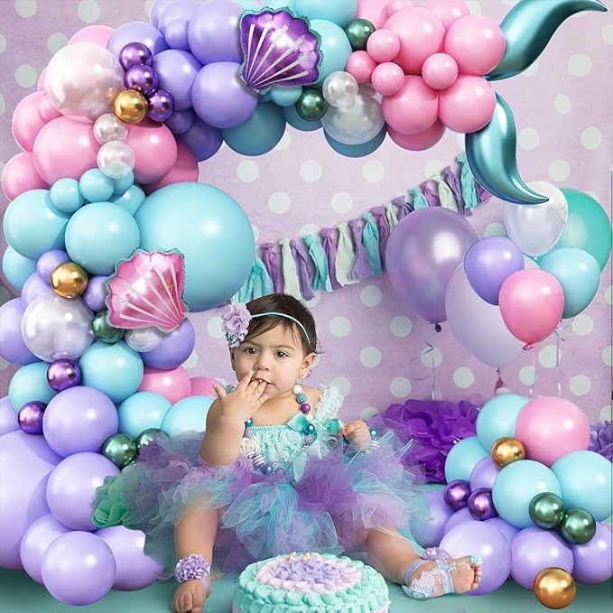Mermaid Balloon Garland Arch Kit, Pastel Pink Purple Teal Blue Clear Latex Balloons with Mermaid Tail Seashell Foil balloons, for Girls Little mermaid Party Decorations Under the Sea Birthday Supplies