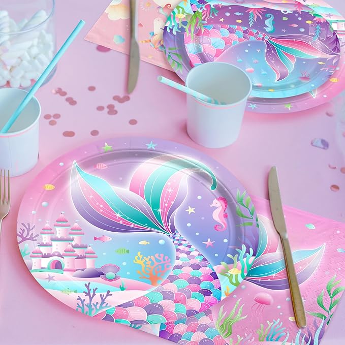 Mermaid Birthday Decorations for 25 Guests - Mermaid party supplies Kit Includes Dinner & Dessert Plates, Cups, Napkins, Banner & Tablecloth for 1st Birthday Party Decorations