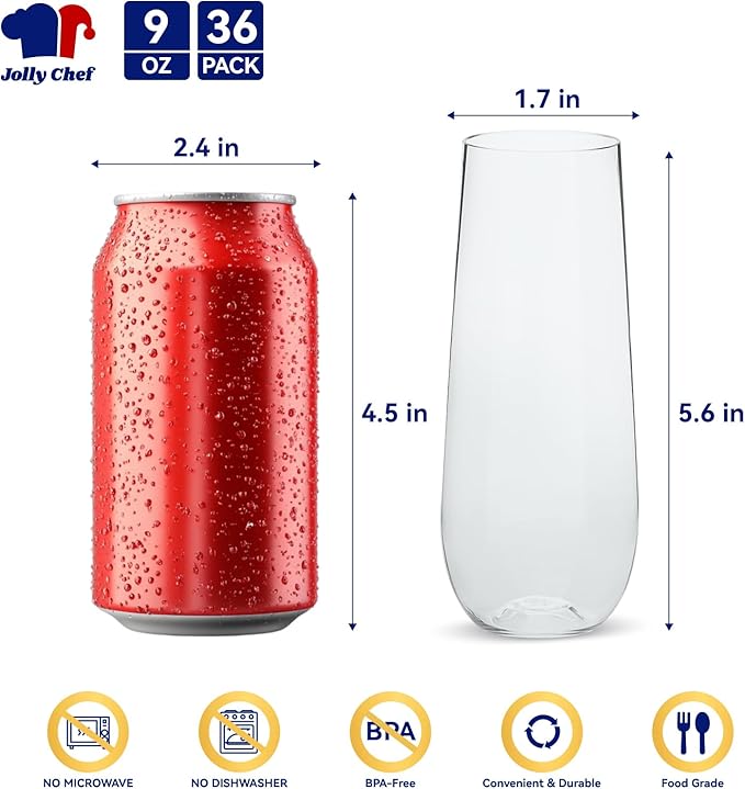 JOLLY CHEF 36 Pack Stemless Plastic Champagne Flutes 9 oz, Crystal Clear Stemless Plastic Toasting Glasses, Clear Disposable Unbreakable Drinkware Ideal for Wedding, Birthday, Party, Thanksgiving