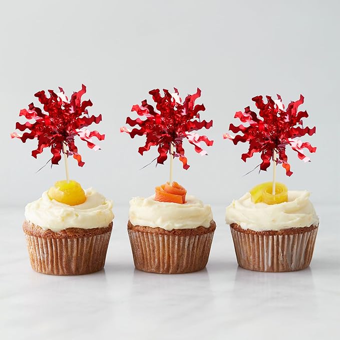 Gyufise 30Pcs Foil Firework Cupcake Toppers Sparkle Tinsel Cake Toppers Tinsel Drink Cake Decoration Cocktail Picks for Birthday Wedding Graduation Party Supplies Red