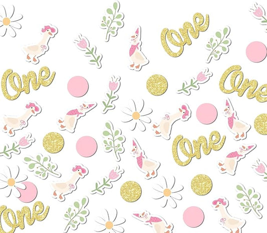 220PCS One Silly Goose Birthday Decor for Girl, Goose Dot Leaves Flower 1st Birthday Confetti for Pink and Gold First Bday Decorations.