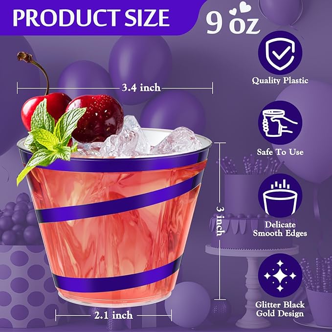 Gejoy 9 oz Rimmed Swirl Plastic Cups Disposable Wine Drinking Cups Clear Elegant Halloween Tumblers for Christmas Party Supplies(Purple,100 Pcs)