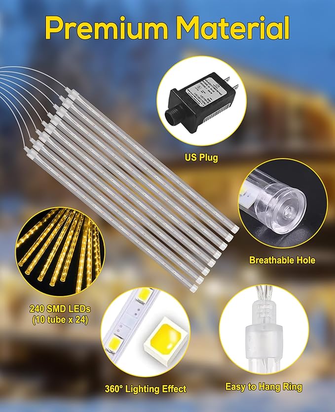 Meteor Shower Lights Outdoor Christmas Lighting Falling Rain Lights 12Inch 10Tubes Rain Drop Light Snowfall Icicle Cascading String Decor for Xmas Holiday Tree Garden Decor,Shine Warm White