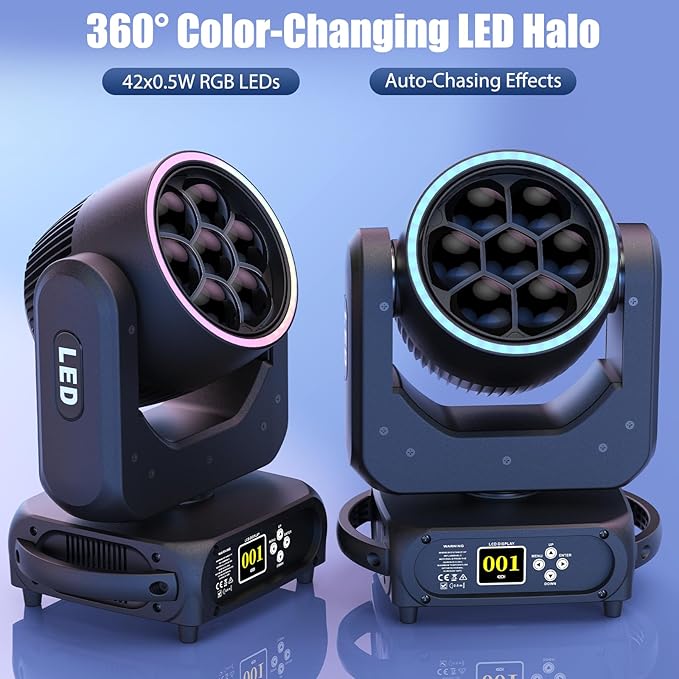 6PCS Moving Head Light 7x40W LED with Wash Beam Vortex Kaleidoscope Effect RGBW 4 in 1Color Bee Eye Focus DJ Light by DMX and Sound Activated Control for Concert Hall Theater Stage Lighting Effect