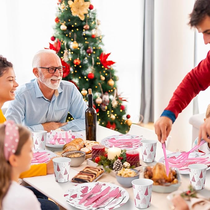 Pickmesh 400 Pcs Christmas Party Supplies Pink Silver Xmas Tree Snowflake Disposable Paper Plates Napkins Cups Cutlery for Winter Xmas Christmas Birthday Party Table Decorations Serve 50