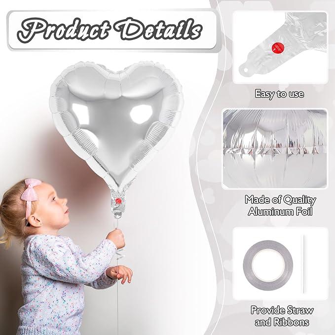 12 Pcs Sliver Heart Balloons,18 Inch Heart Shape Foil Balloons Love Balloon Valentine Balloon for Birthday Party Wedding Engagement Party Baby Shower Valentine Day Decorations (sliver)