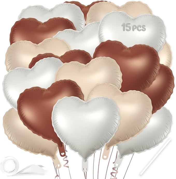 15 Pcs Heart Balloons, 18 Inch Brown Beige White Sand Heart Shaped Foil Balloons for Wedding Anniversary Birthday Party Valentine Decorations Baby Shower Bridal Shower Engagement Decorations Supplies