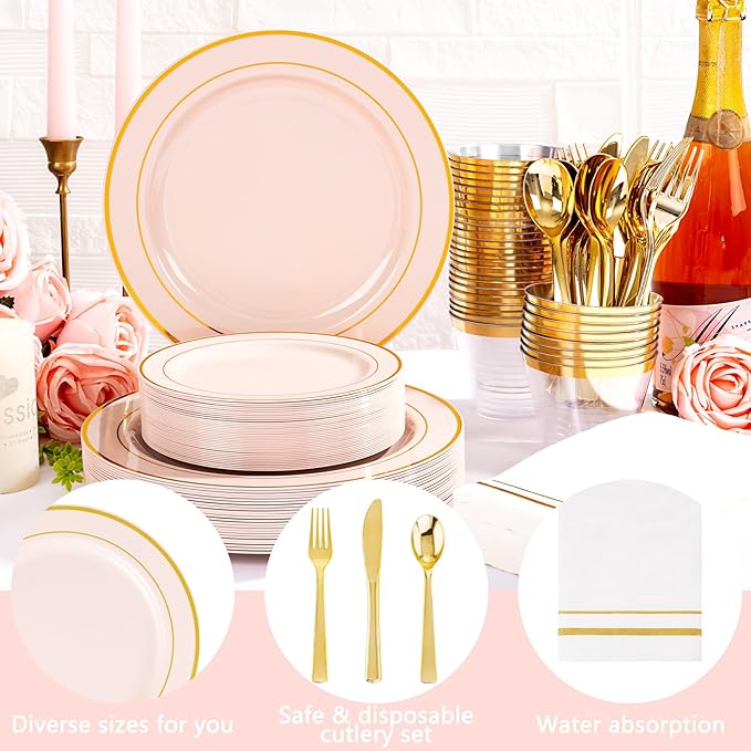 GATHER 700PCS Pink Plastic Plates - Gold Rim Disposable Plastic Dinnerware Set Include 200 Pink Plates, 300 Silverware, 100 Napkins, 100 Cups for Party & Wedding