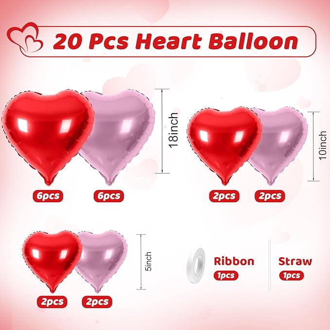 Red Purple Heart Balloons, Heart Shaped Ballons, 20 Pcs 5/10/18 inch Red Purple Foil Love Balloons for Valentine's Day Decorations Wedding Engagement Bridal Showers Anniversary Celebrations