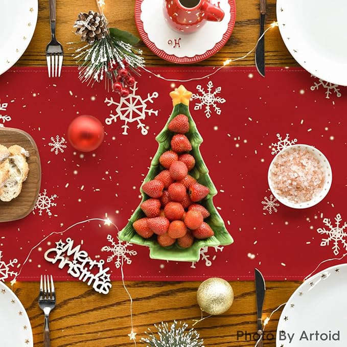 Artoid Mode Red Snowman Snowflake Let it Snow Winter Table Runner, Seasonal Christmas Kitchen Dining Table Decoration for Home Party Decor 13x90 Inch