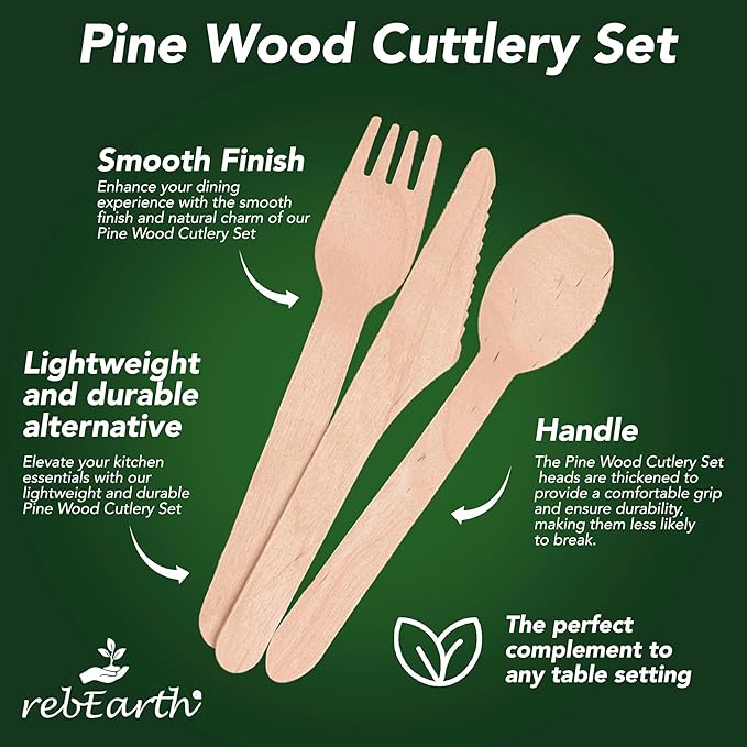 rebEarth 300 PCS disposable 120 Forks 120 Spoons 60 Knives All Natural Eco-Friendly Heavyweight Cutlery Set 6.3" - Durable, Heat Resistant - Perfect Alternative to Plastic for Every Occasion