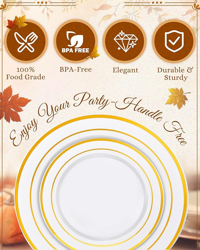 bUCLA 600Pcs White and Gold Plastic Plates - Gold Disposable Dinnerware Set for 100 Guests Include 100 Dinner & 100 Dessert Plates, 100 Cups, 100 Forks, 100 Spoons, 100 Knives for Thanksgiving
