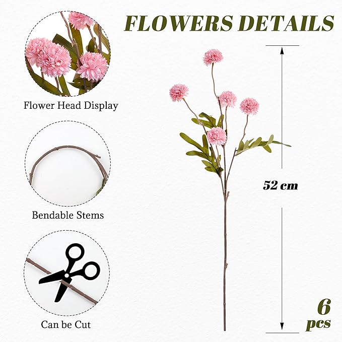 SITUMEIZI Pink Pompon Mum Artificial Flowers Faux Silk Mums Mini Chrysanthemum with Stems 6Pcs for DIY Pink Wedding Centerpieces Floral Arrangements