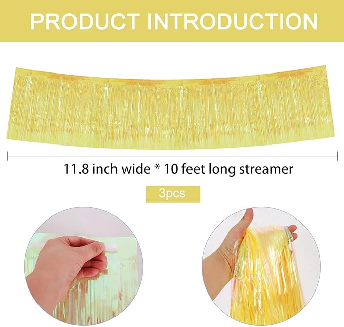 BEISHIDA 3 Packs Metallic Foil Fringe Garland Shining Yellow Wall Hanging Tinsel Fringe Banners for Car Floats Bridal Shower Wedding Birthday Easter Graduation Holiday Party Decoration(30 Feet)