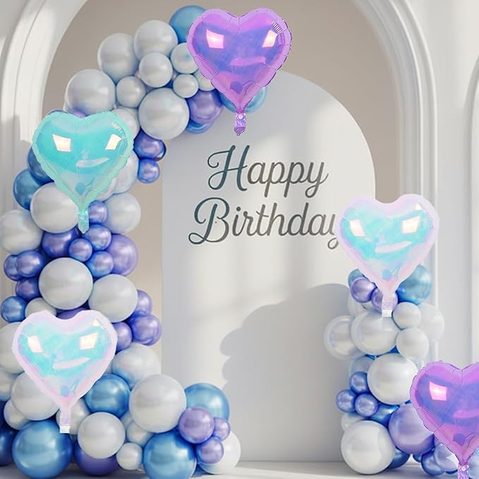 Iridescent Heart Balloons, 10 Pcs Crystal Heart Shaped Balloon, 18 Inch Transparent Gradient Blue Purple Foil Balloons for Engagement Brithday Baby Shower Wedding Valentines Mermaid Party Decoration