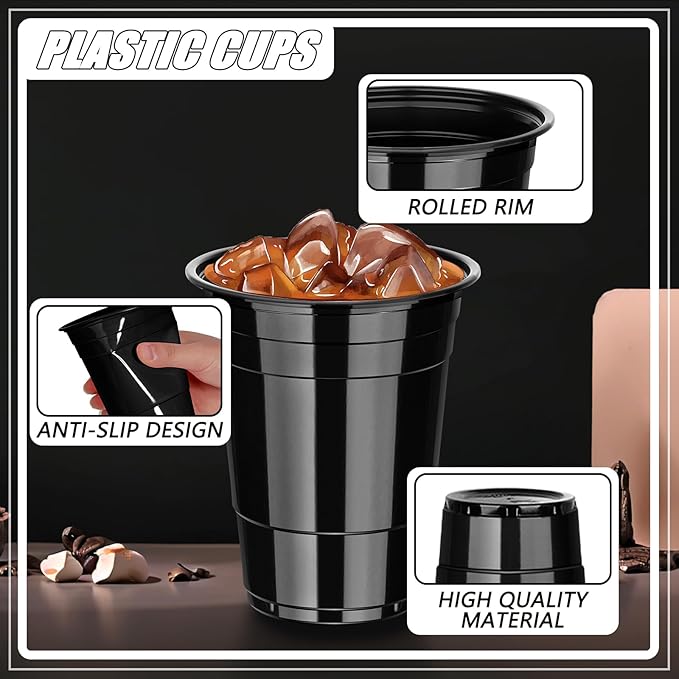 Dualshine 50 Pack Black Plastic Cups 16 oz, Disposable Cups for Party, Heavy Duty Drinking Cups, Graduation Cup for Wedding Birthday Beer Taste Serving Snack Sample Tastings Barbecues Picnic