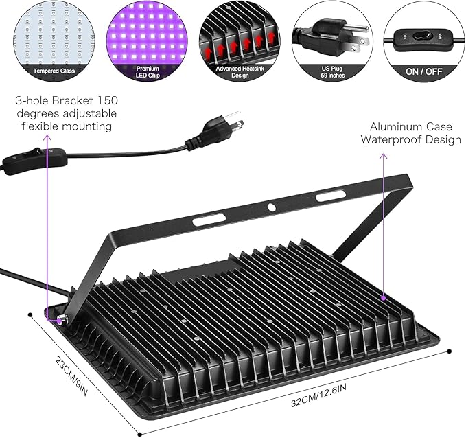 2 Pack 250W LED Flood Black Lights, Outdoor Flood Blacklight Light with Plug, IP66 Waterproof forGlow in The Dark, Dance Party, Stage Lighting, Body Paint, Fluorescent Poster, Neon Glow