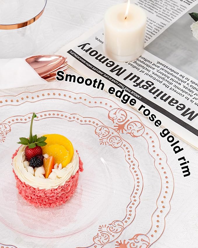 Ciaell 350 PCS Rose Gold Plastic Plates - Rose Gold Disposable Plates Dinnerware Include 50 Disposable Plate, 50 Heavy Duty Silverware, 50 Cups, 50 Napkins for Wedding & Party & Anniversary