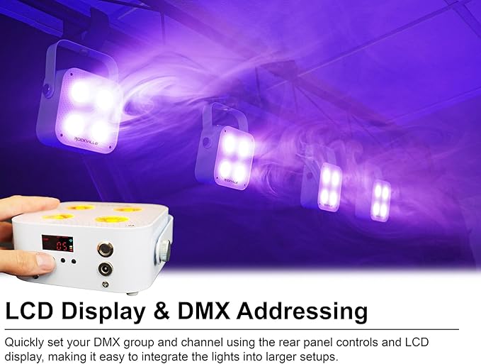 Rockville MINI RF4 V2 White LED Wash Up Light RGBWA+UV, Compact, App, Remote Control, LCD, Wireless DMX, Rechargeable, Perfect for DJ/Party Lighting
