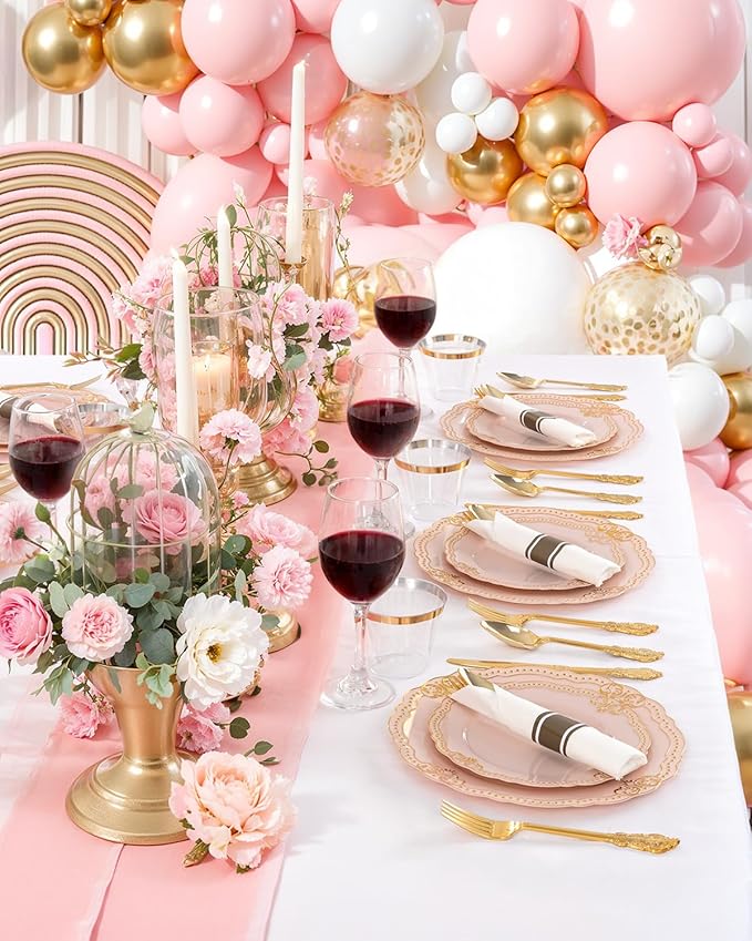 Ciaell 350 PCS Pink Plastic Plates - Pink and Gold Disposable Plates Include 50 Disposable Plate, 150 Heavy Duty Silverware, 50 Cups, 50 Napkins for Wedding & Party & Anniversary