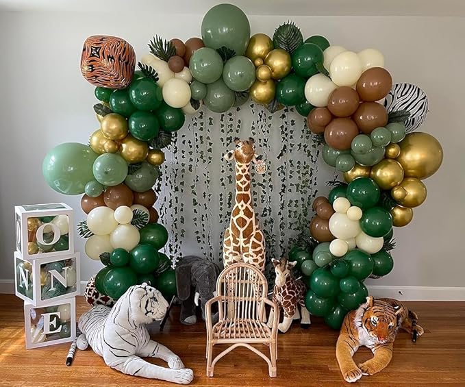 Sage Green Brown Balloons, 60PCS Green Brown Beige Jungle Safari Wild Woodland Balloon, Retro Green Metallic Gold Coffee Apricot Balloons for Boy First Birthday Baby Shower Wedding Party Decorations
