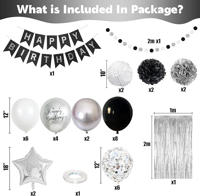 Black and Silver Birthday Decorations for Men Boys, Black White Silver Party Decorations Happy Bithday Banner Star Foil Balloon Fringe Curtain Pompom for Women Girls Party Supplies