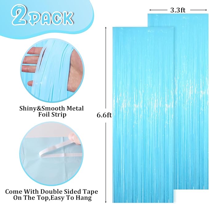 2 Pack Pastel Blue Tinsel Foil Fringe Curtains, Blue Party Decorations, Metallic Tinsel Party Streamers Backdrop for Birthday Baby Shower Gender Reveal Wedding Party Decorations