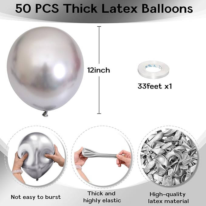 Metallic Silver Balloons - 50pcs, 12 Inch Chrome Silver Latex Balloons for Birthday, Graduation, Anniversary, Wedding & Party Decorations