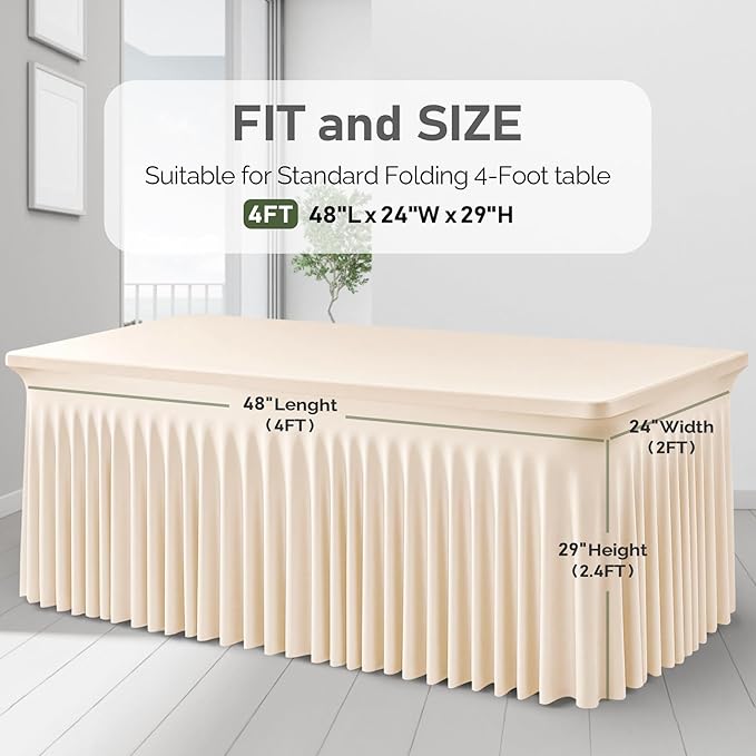 1 Pack Light Champagne Table Clothes for 4 Foot Rectangle Tables, One-Piece Wrinkle Resistant Stretch Spandex Table Covers with Skirt for Event Banquet Wedding Birthday Party