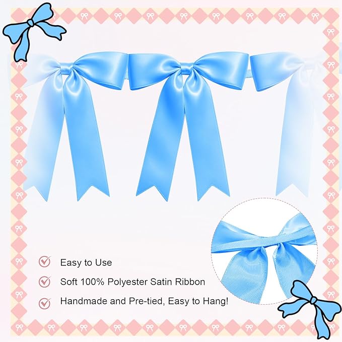 1 String of 8PCS Blue Bow Garland Banner Decoration,Pre-Strung Satin Ribbon Ornaments for Birthday,Bachelorette Party,Bridal Shower,Wedding,Engagement,Baby Shower,Graduation Decor,Anniversary