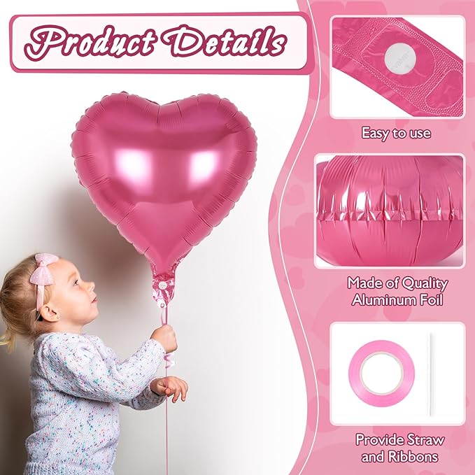 12 Pcs Pink Heart Balloons,18 inch Heart Shape Foil Balloons Love Balloons Valentine Balloons for Birthday Party Wedding Engagement Party Baby Shower Valentine Day Decorations (deep pink)