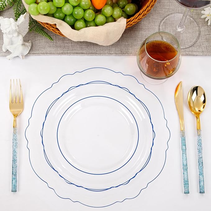 Liacere 150PCS Clear and Blue Plastic Plates-Clear and Blue Disposable Plates with Glitter Bamboo Handle Cutlery-60 Baroque Elegant Plates, 30 Forks, 30 Spoons, 30 Knives for Wedding＆Back to School
