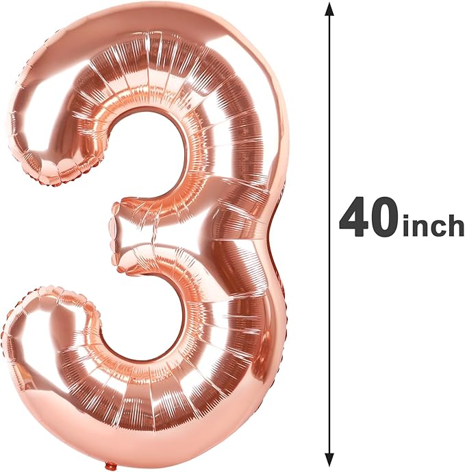 40 Inch Rose Gold 3 Large Number Balloon, 3 13 23 30 33 36 Rose Gold Birthday Party Decorations, Number Three Foil Balloons for Anniversary Party Graduations Celebration Supplies