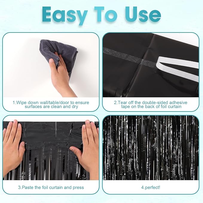 2 Pack Black Tinsel Foil Fringe Curtains, Black Party Decorations, Metallic Tinsel Party Streamers Backdrop for Birthday Halloween New Years Graduation Party Decorations