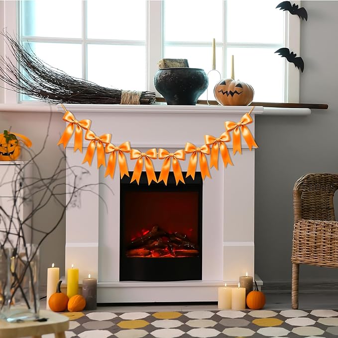 1 String of 8PCS Golden Yellow Bow Garland Banner Decoration,Pre-Strung Satin Ribbon Ornaments for Birthday,Christmas,The Fall Festival,Thanksgiving,Halloween,Anniversary,Wedding,Baby Shower