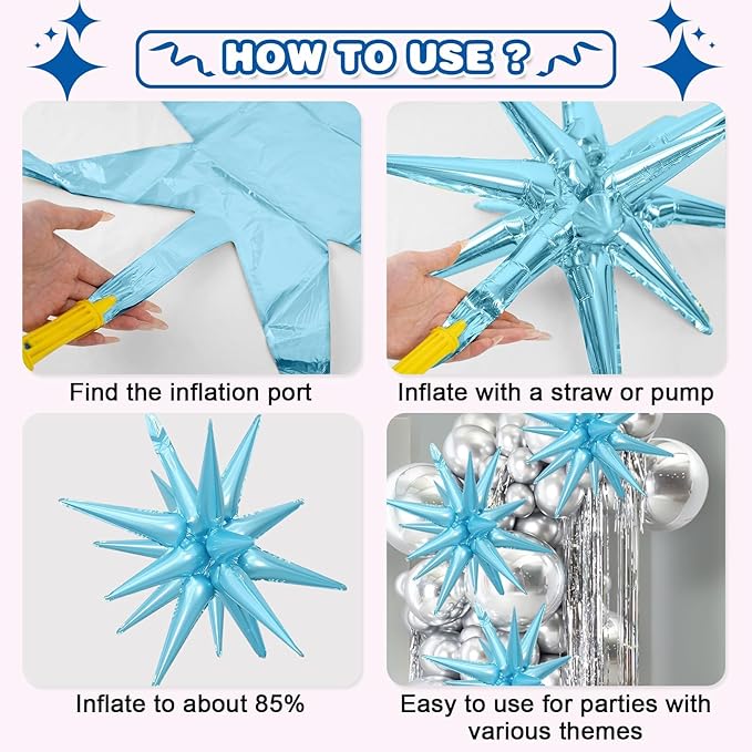 Pink Blue White Star Balloon,Pink Blue 6Pcs 22Inch Explosion Star Balloons and 10Pcs 10Inch Four Angle Balloons Kit for Birthday Anniversary Baby Shower Wedding Party Decorations