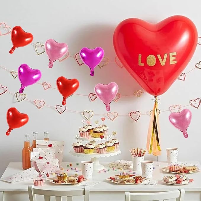 TONIFUL 30Pcs 10 Inch Heart Balloons Valentine’s Day Red Pink Hot Pink Heart Shape Foil Mylar Balloons Decoration for Valentine's Day Wedding Bridal Shower Anniversary Engagement Party Supplies