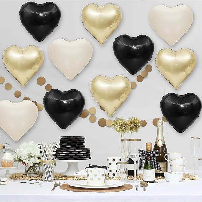 Black White Gold Heart Balloons,12Pcs 18Inch Black Cream White Champagne Gold Heart Shaped Foil Helium Balloons for Birthday Anniversary Wedding Engagement Party Decorations