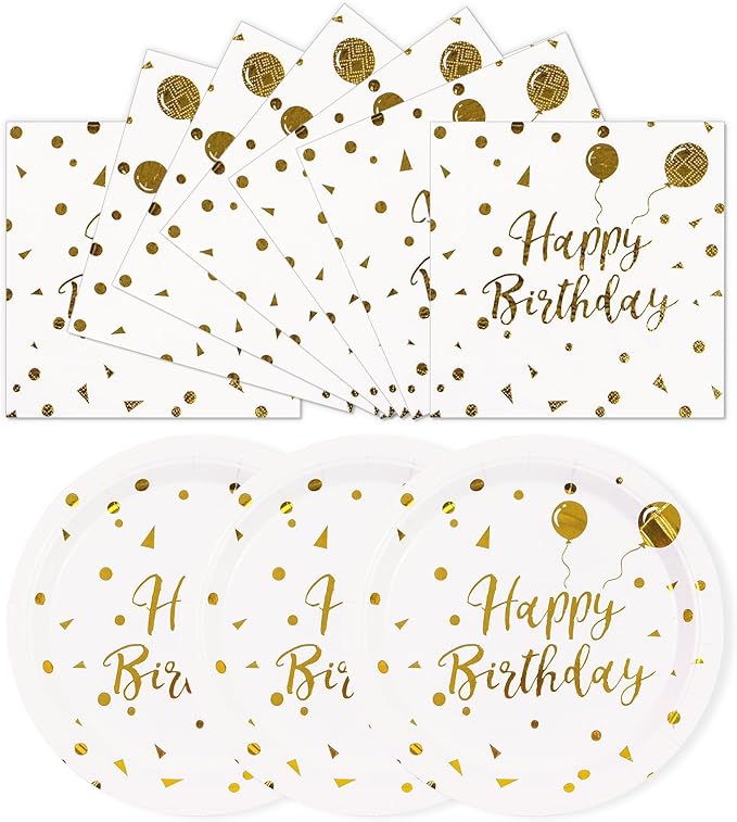 9Inch Birthday Plates and Napkins, White and Gold Balloons Dessert plates Disposable Party Supplies 40PCS Cake Paper Plates Tableware for Birthday Party Decorations