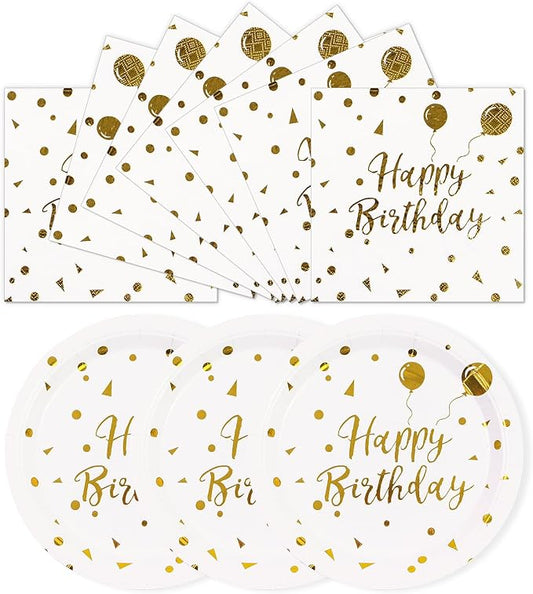 9Inch Birthday Plates and Napkins, White and Gold Balloons Dessert plates Disposable Party Supplies 40PCS Cake Paper Plates Tableware for Birthday Party Decorations