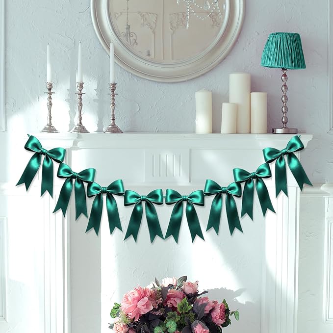 1 String of 8PCS Dark Green Bow Garland Banner Decoration,Pre-Strung Satin Ribbon Ornaments for Birthday,Bachelorette Party,Bridal Shower,Wedding,Engagement,Baby Shower,Graduation Decor,Anniversary