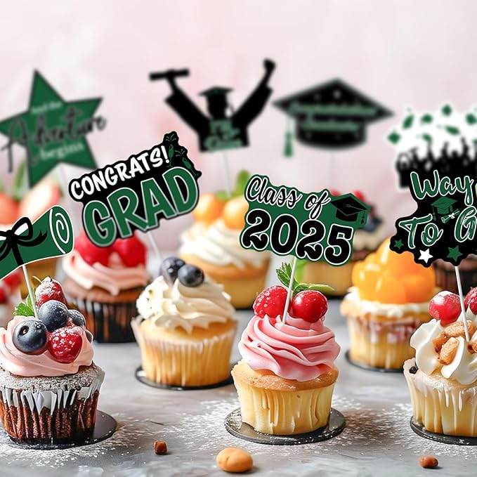 2025 Graduation Cupcake Toppers - 48 Pcs Green Graduation Party Supplies Mini Cake Food/Appetizer Picks For Class of 2025 Grad Decorations