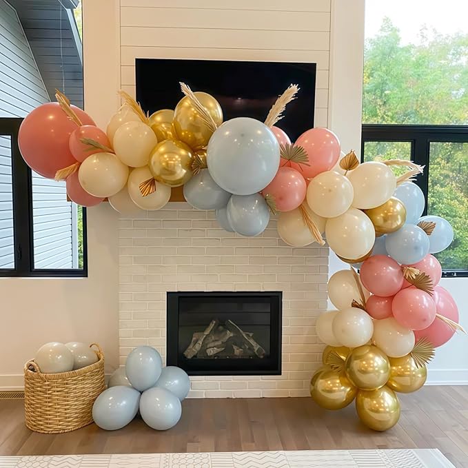 Gender Reveal Balloon Arch Garland Kit, Dusty Pink and Blue Balloons Metallic Gold Sand White Balloons for Gender Reveal Boho Bachelorette Birthday Baby Shower Bridal Bear Theme Party Decorations